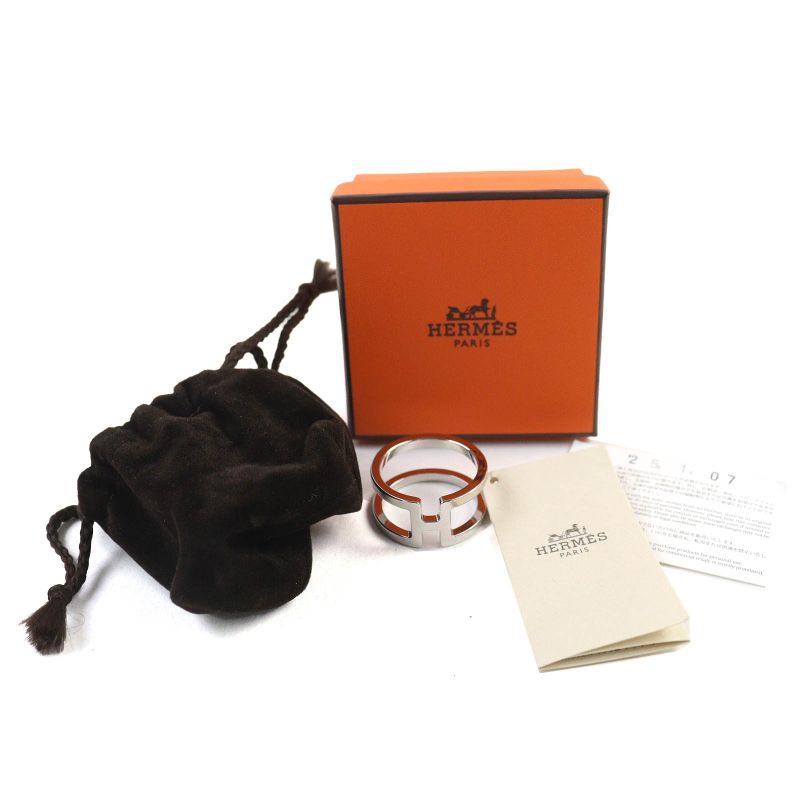 Hermes H Anne Long Palladium Scarf Ring Silver With Box And Storage Bag Made In