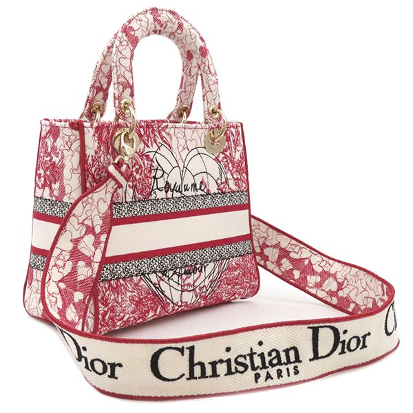 Christian Dior 2way Bag Lady D-Light Canvas Red and White Gold Hardware