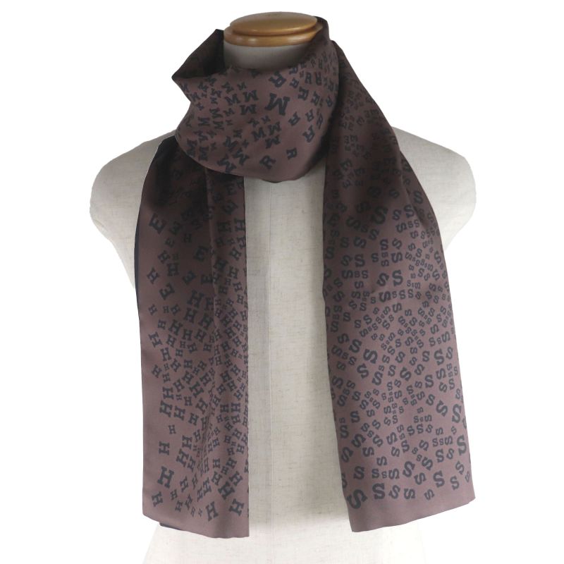 Hermes 100% Silk Logo All Over Reversible Scarf Scarf Brown Black With Box