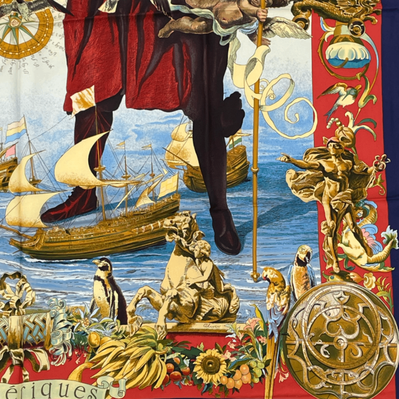 Hermes Carre 90 Scarf Les Ameriques Americas Columbus Silk Navy Multicolor