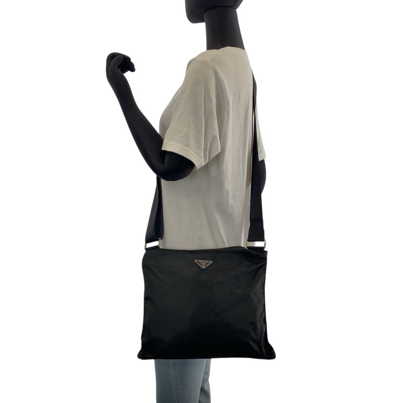 Prada Tessuto Triangle Logo Plate Black Silver Hardware Nylon Shoulder Bag