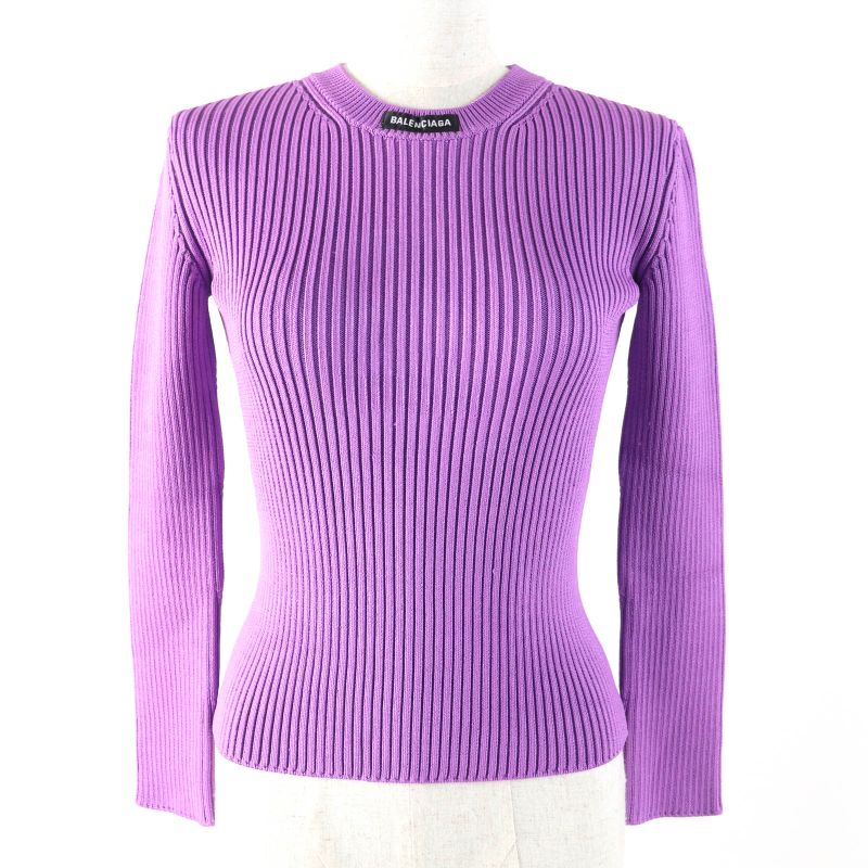 Balenciaga 691969 Long Sleeve Ribbed Knit Top With Logo Purple XS Made In Italy
