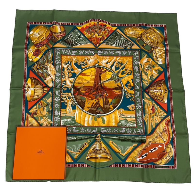 Hermes Scarf Carre 90 Au Son Du Tam To The Sound Of Tam Silk Green With Box