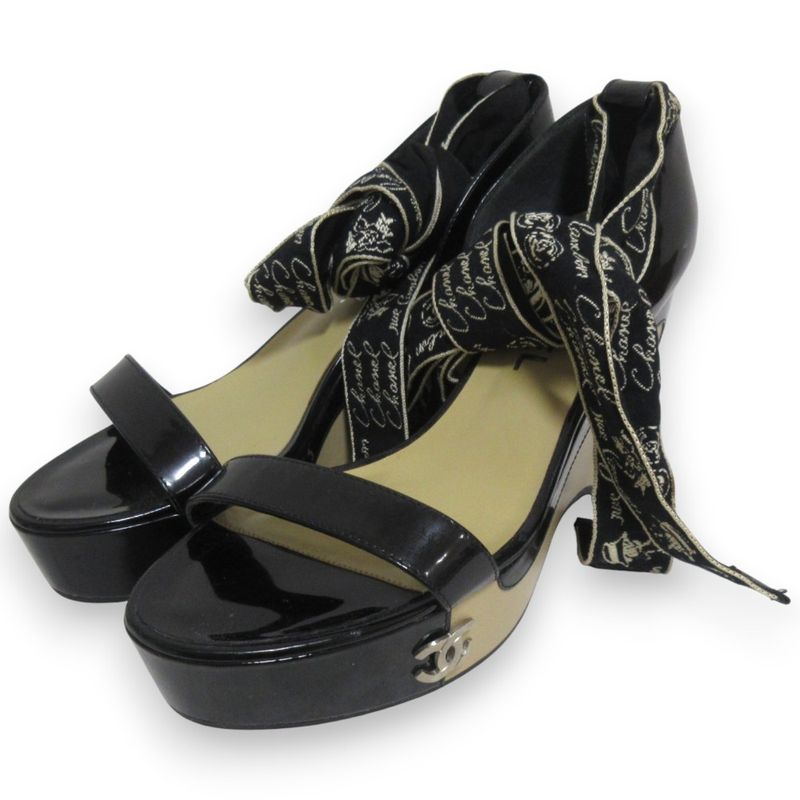 Chanel Patent Leather Platform Ribbon Ankle Strap Heeled Sandals 37.5 Approx