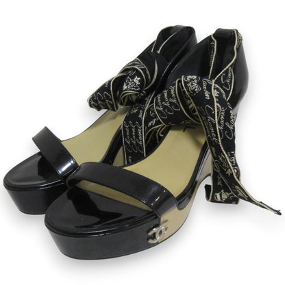 Chanel Patent Leather Platform Ribbon Ankle Strap Heeled Sandals 37.5 Approx