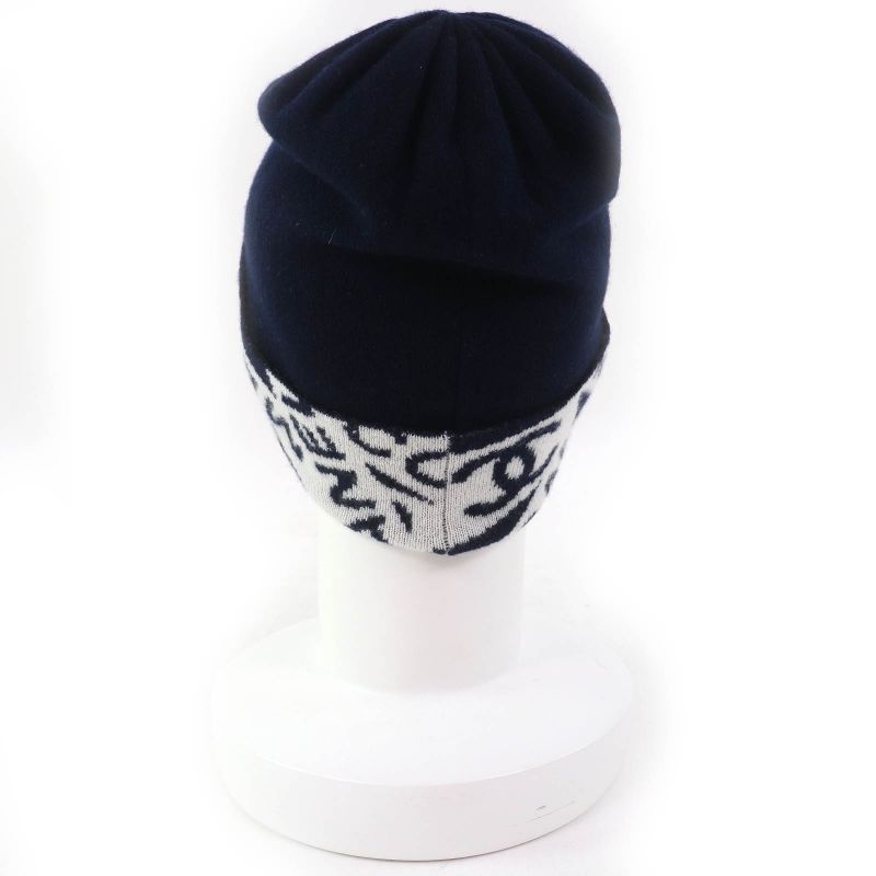 CHANEL Cashmere Cotton Coco-mark Logo Knit Hat Knit Cap Navy White Made In