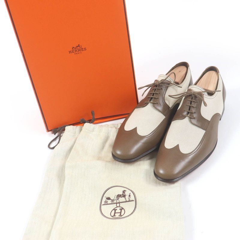 Hermes Wingtip Lace-up Canvas Leather Dress Shoes Brown 40.5 Made In France