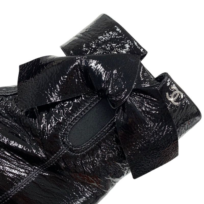 Chanel Boots Short Boots Shoes Patent Black Here Mark Wrinkled Side Gore Ribbon
