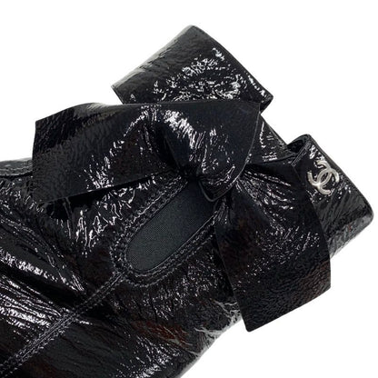 Chanel Boots Short Boots Shoes Patent Black Here Mark Wrinkled Side Gore Ribbon