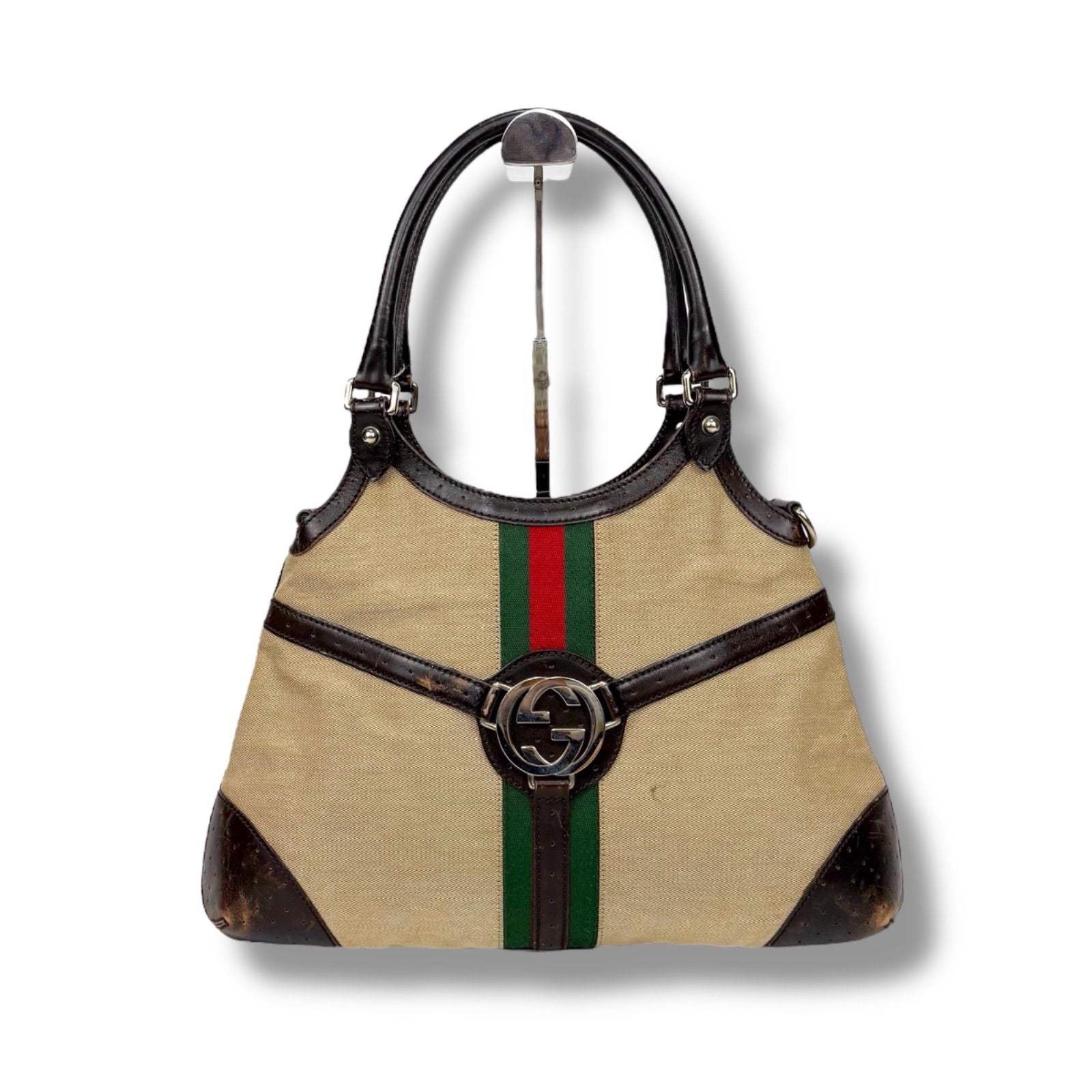 Gucci 114875 Sherry Line Interlocking G Handbag Brown Beige Gg