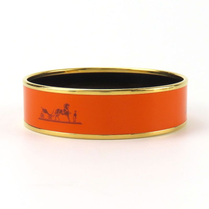Hermes Bangle Emile GM Metal Cloisonne Orange Carved Gold Hardware Bracelet