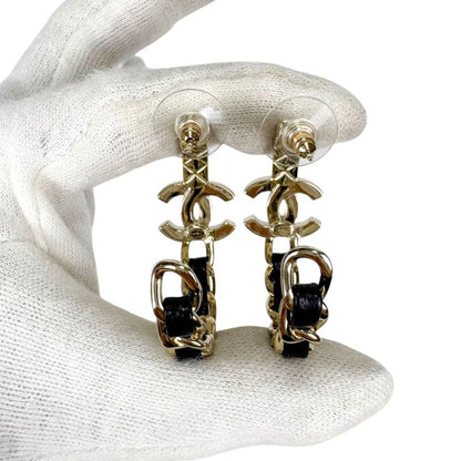 Chanel Hoop Earrings Rhinestone Materasse Coco Chain Leather Lambskin Black