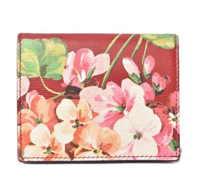 Gucci Mini Wallet Card Case Fold Wallet Blooms Flower Print Leather Cherry
