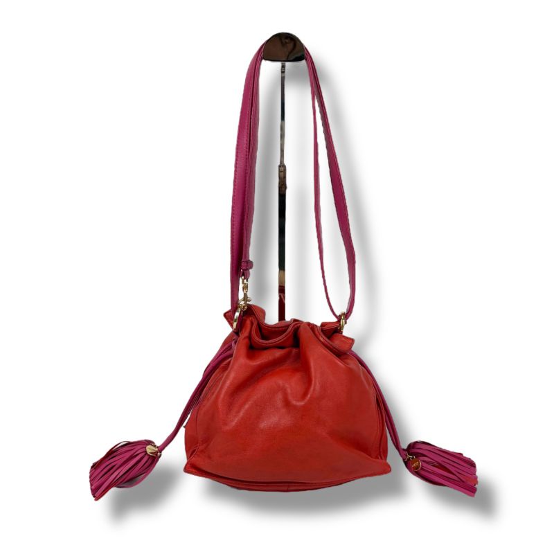 Loewe Flamenco Shoulder Bag Nappa Leather Anagram Logo Pink Red Tassel 2WAY