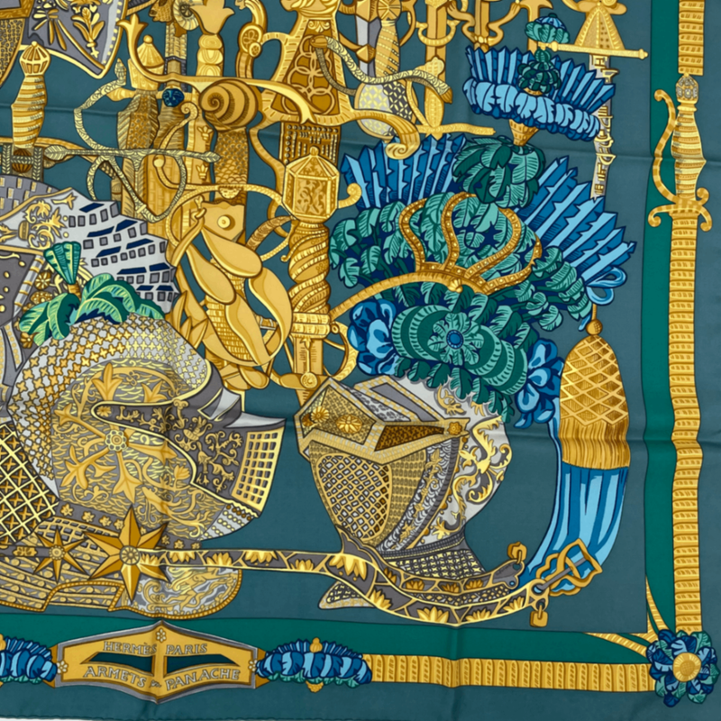 Hermes Scarf Carre 90 Armets Et Panache Cavalry Helmet With Feather Decoration
