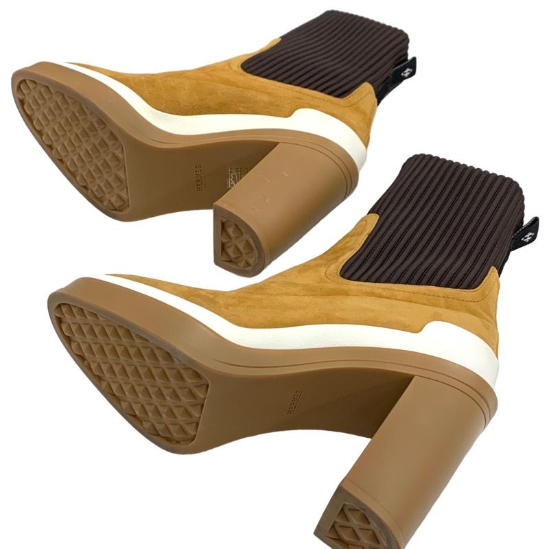 Hermes Boots Short Boots Sock Boots Shoes Suede Fabric Bicolor Camel Brown