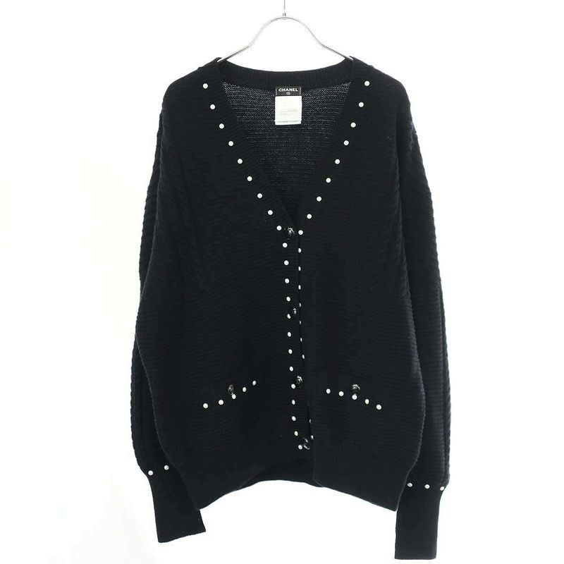 Chanel Faux Pearl Cashmere Cotton Knit Cardigan P53610k06955 Black 38