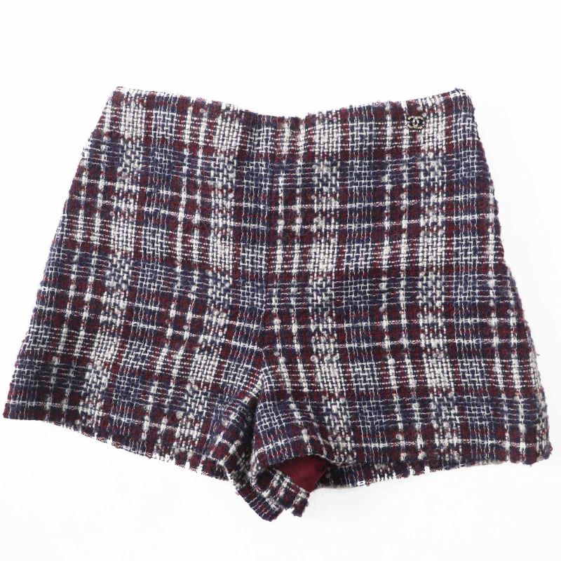 CHANEL 22AW P73601 Tweed Shorts With Rhinestone Coco Mark Navy Bordeaux White