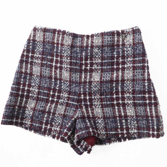 CHANEL 22AW P73601 Tweed Shorts With Rhinestone Coco Mark Navy Bordeaux White