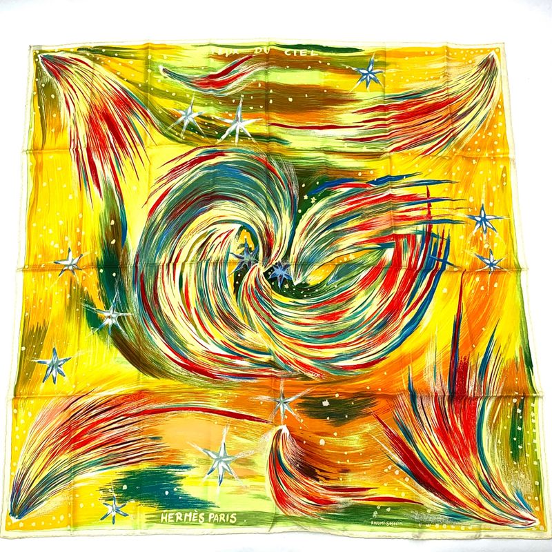 Hermes Carre 90 FEUX DU CIEL Heavenly Fire Scarf 100% Silk Orange Multicolor