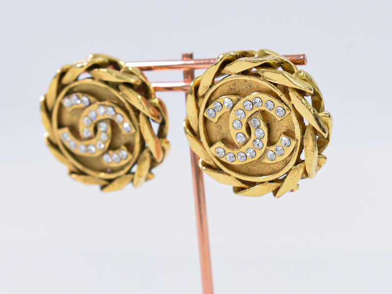 Authentic Chanel Coco Mark Rhinestone Earrings GP Gold Plated Coco Mark