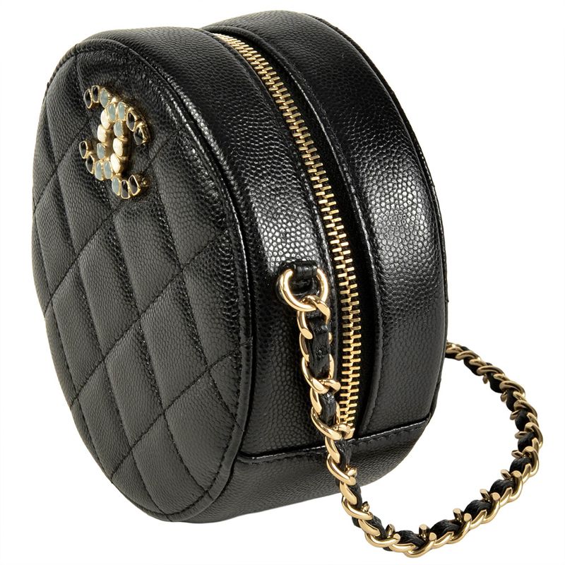 Chanel Round Chain Shoulder Bag Caviar Skin Ap2034 Black Gold Hardware 8 Digits