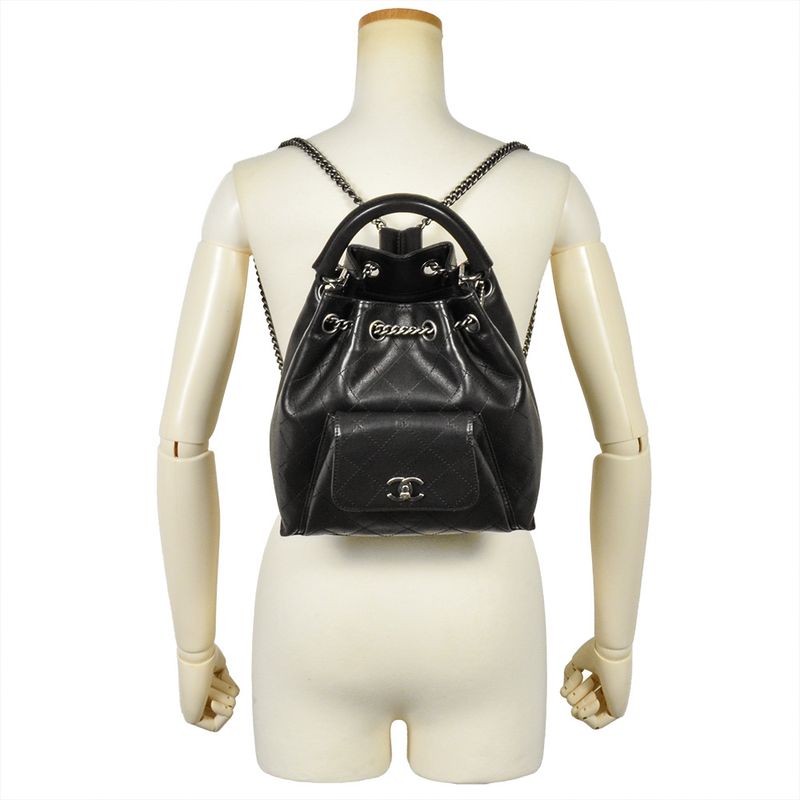 Chanel Matelasse Backpack Black Silver Hardware Drawstring Coco Mark