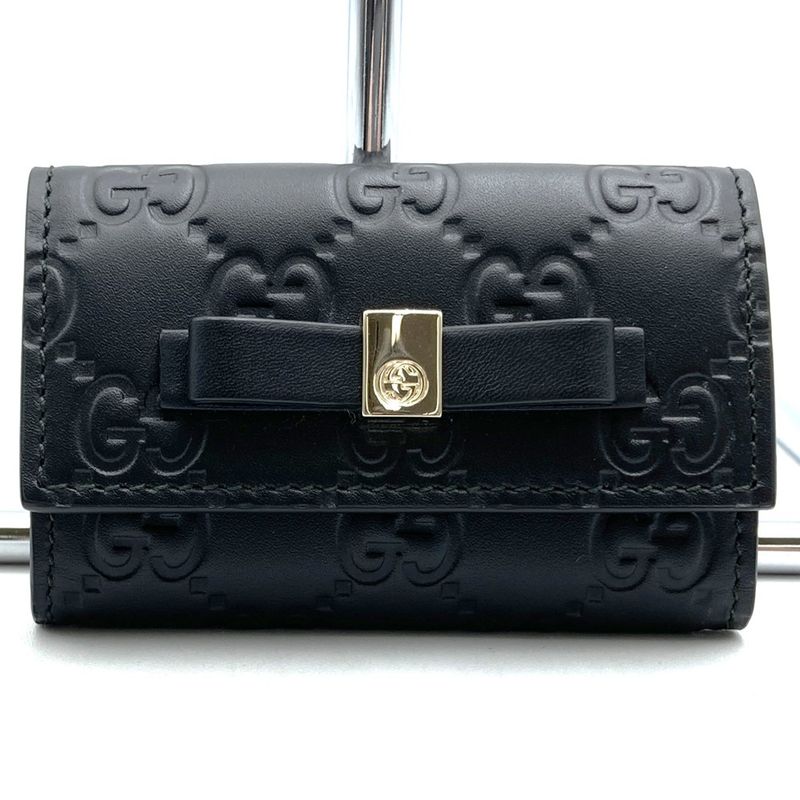 Gucci 388682 Key Case Leather Silver Hardware Ribbon Black Ladies Simple Fashion