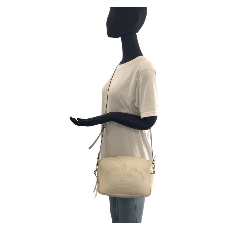 Prada Logo Shape Pressed White Gold Hardware Leather Shoulder Bag Pochette