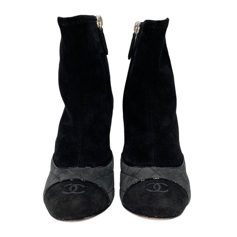 Chanel Boots Short Boots Shoes Suede Black Gray Black Here Mark Matelasse