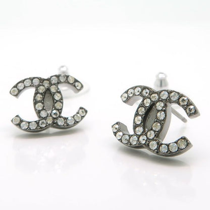 Chanel Coco Mark Earrings F19V Rhinestone Metal Gunmetal Box Included Chanel
