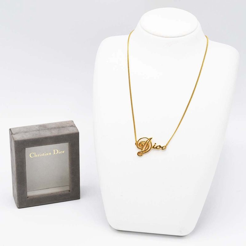 Christian DIOR Graffiti Logo Necklace Gold Color Accessories Ladies With Box