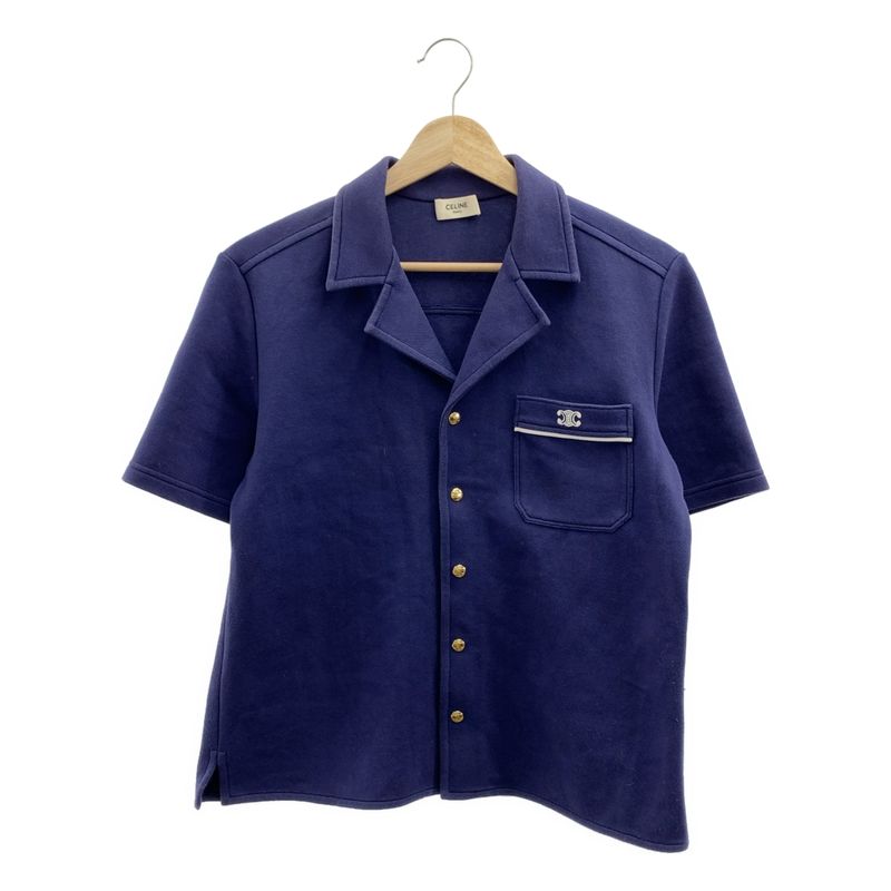 Celine - Triomphe Logo Slit Open Collar Shirt - M - Navy - Women's