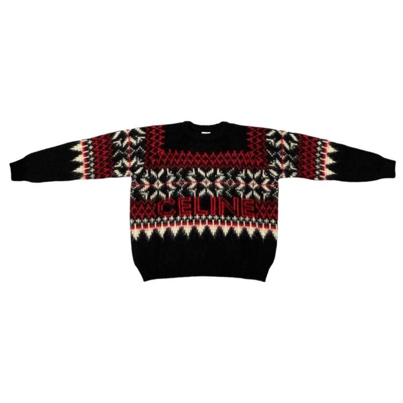 Celine Sweater Fair Isle Logo Knit Crewneck 2aa80628s Size S 22aw Black Red