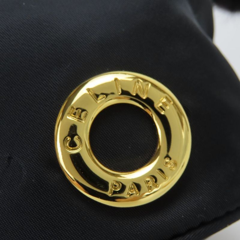 Celine Pouch Drawstring Fur Nylon Black Gold Hardware Logo Circle Small Bag