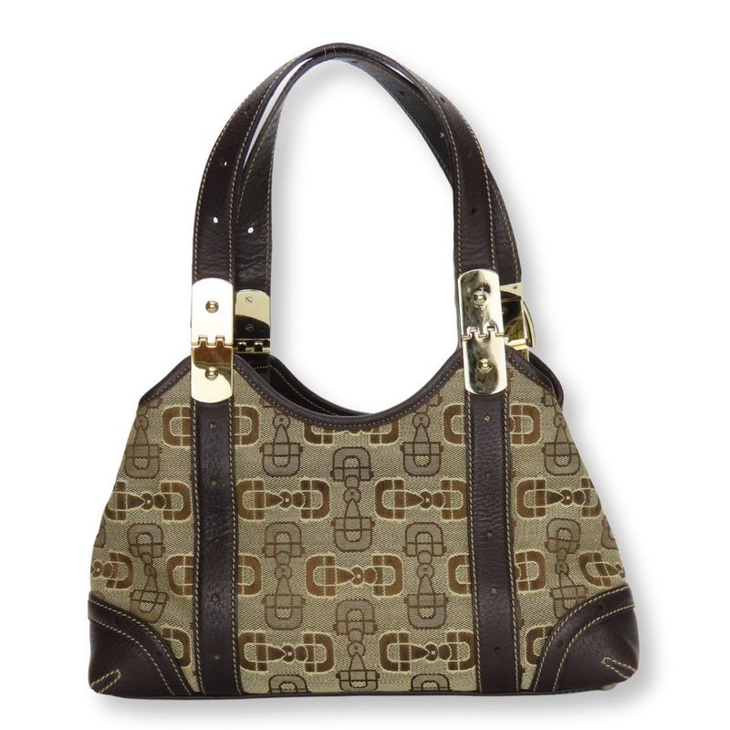 Gucci Handbag 145761 Horsebit Canvas Leather Beige Brown Gold Hardware Casual