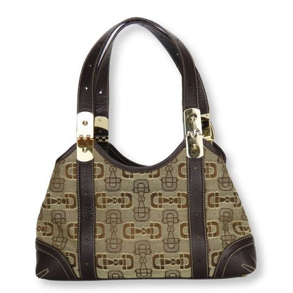 Gucci Handbag 145761 Horsebit Canvas Leather Beige Brown Gold Hardware Casual