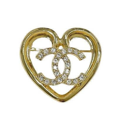 Chanel Brooch Corsage Gold Heart Here Mark Rhinestone