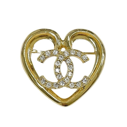 Chanel Brooch Corsage Gold Heart Here Mark Rhinestone