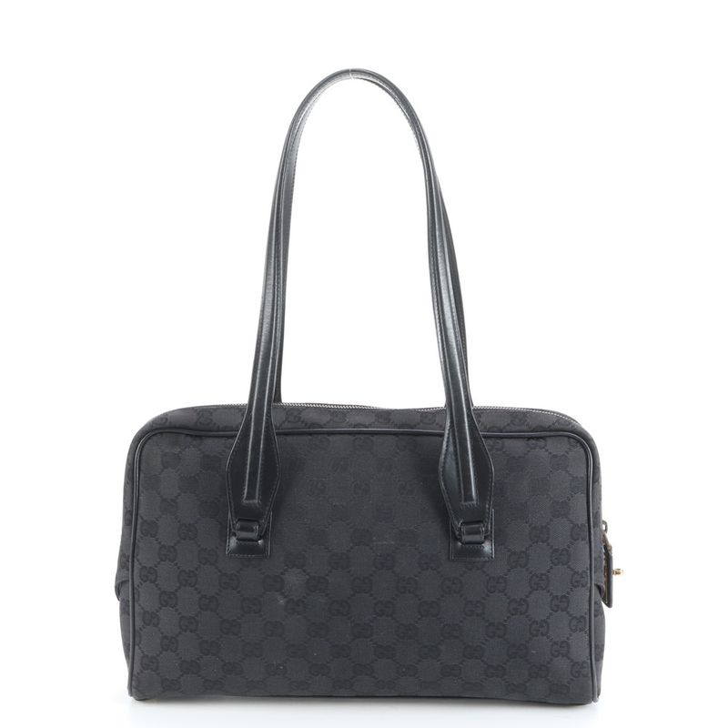 Gucci GG Canvas 90674 Leather Tote Bag Shoulder Hand Black Gold Hardware