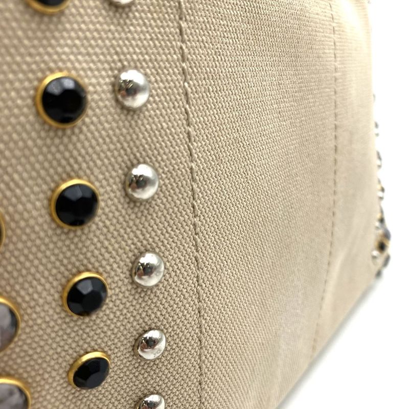 Prada Canapa Bijoux Tote Handbag Studded Canvas Beige Ivory Women's