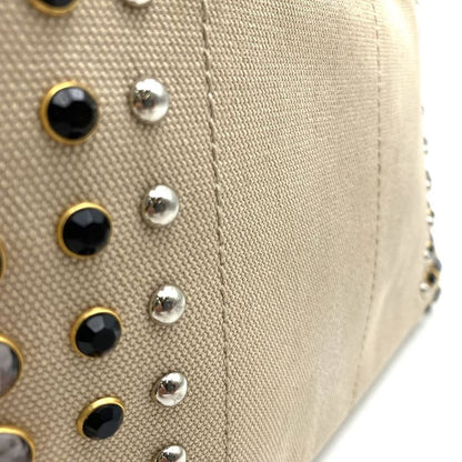 Prada Canapa Bijoux Tote Handbag Studded Canvas Beige Ivory Women's
