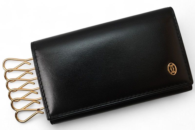 Cartier Key Case Key Holder Cartier Pasha Calf Leather Black Gold Hardware