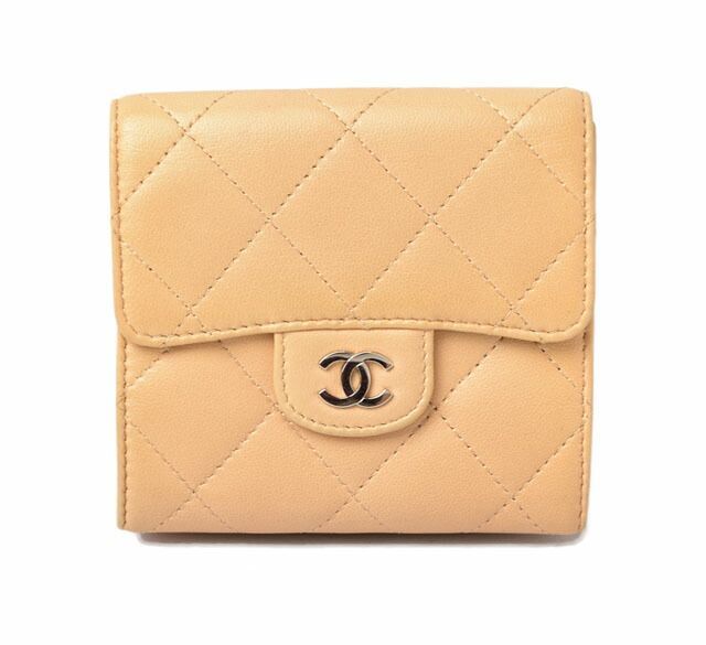 Chanel Wallet Chanel 3 Fold Wallet A82288 Lambskin Beige Silver Hardware