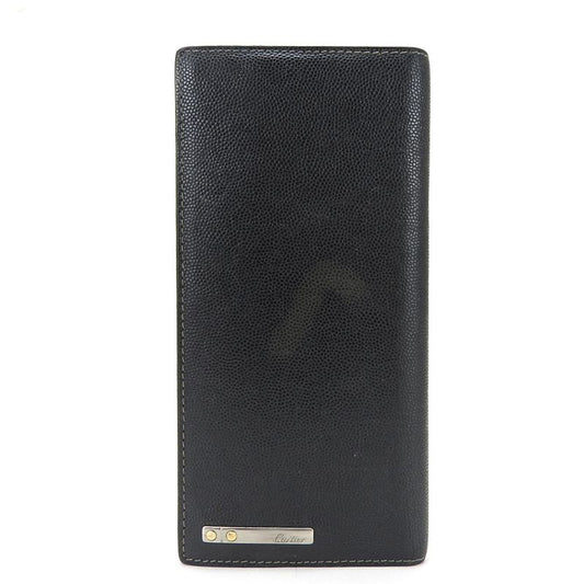 Cartier Long Wallet Santos De Leather Black Bifold Simple Small Everyday Use
