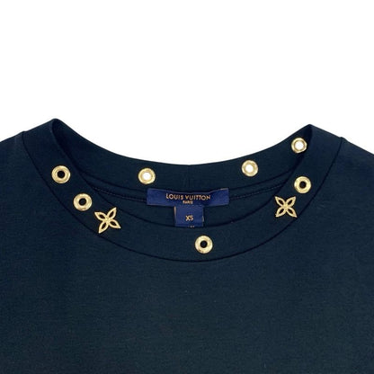 Louis Vuitton Dress Cotton Black Gold Monogram Flower Ruffle
