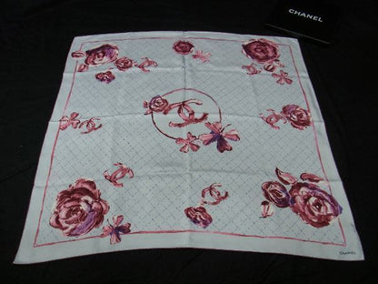 Chanel Coco Mark 100% Silk Flower Large Scarf Stole Shawl Women's Light Blue