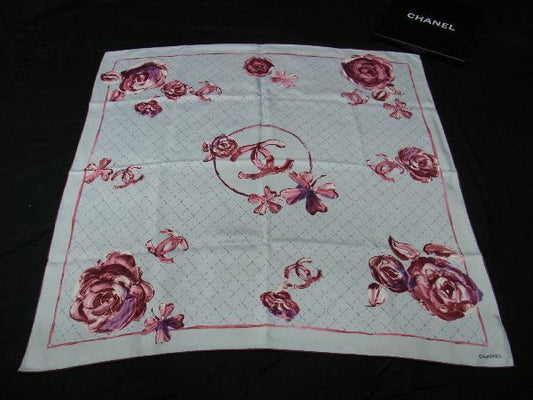 Chanel Coco Mark 100% Silk Flower Large Scarf Stole Shawl Women's Light Blue