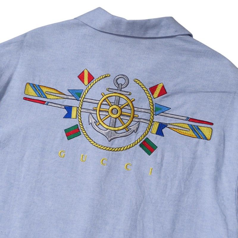 Gucci Short Sleeve Shirt Size 46 Open Collar Cotton Embroidered Blue Made In