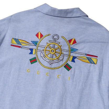 Gucci Short Sleeve Shirt Size 46 Open Collar Cotton Embroidered Blue Made In